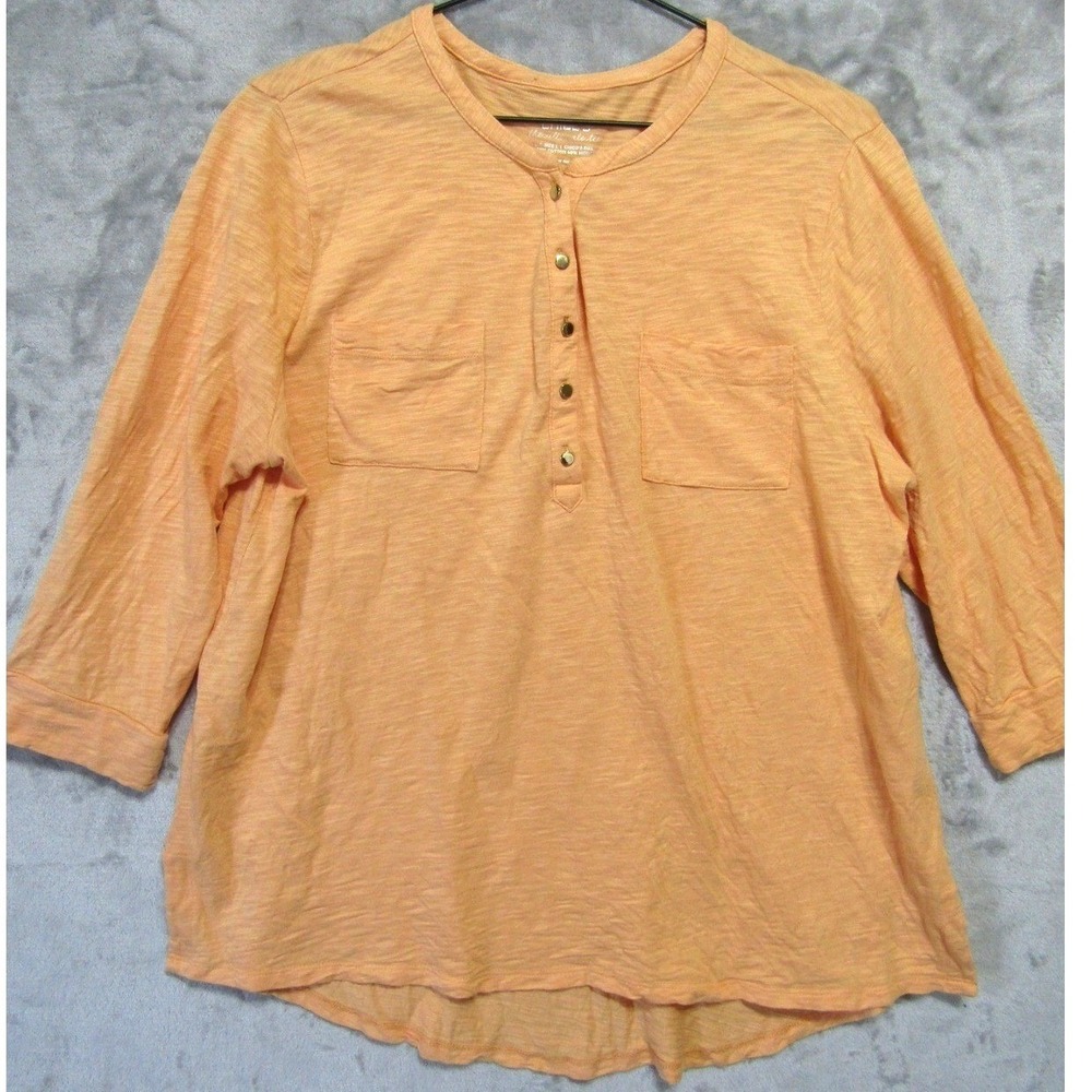 Chico's Henley Top Womens Orange Excellent 3/4 Sleeve Pockets Slub Tee